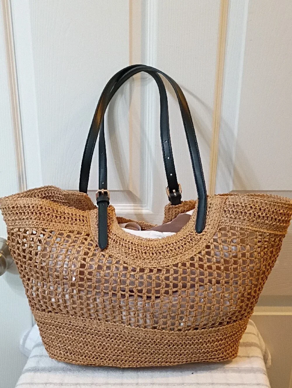 Old Navy Brown Woven Tote with Black Shoulder Straps